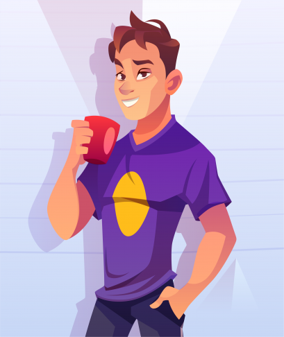 A man in a purple shirt holding a red cup