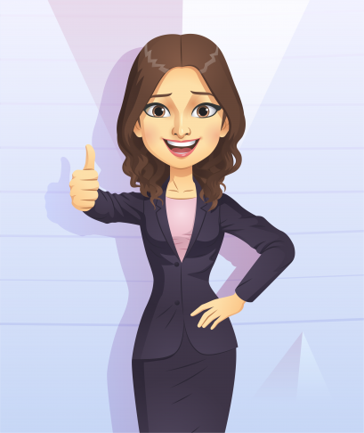 A woman in a business suit giving a thumbs up
