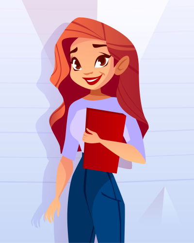 A cartoon girl holding a red folder