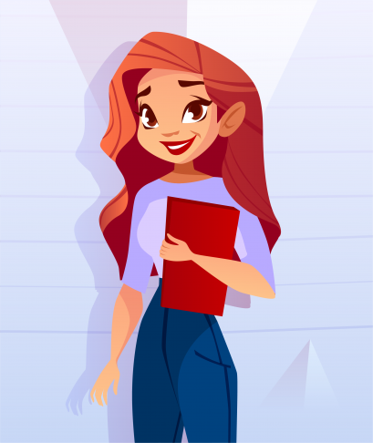 A cartoon girl holding a red folder