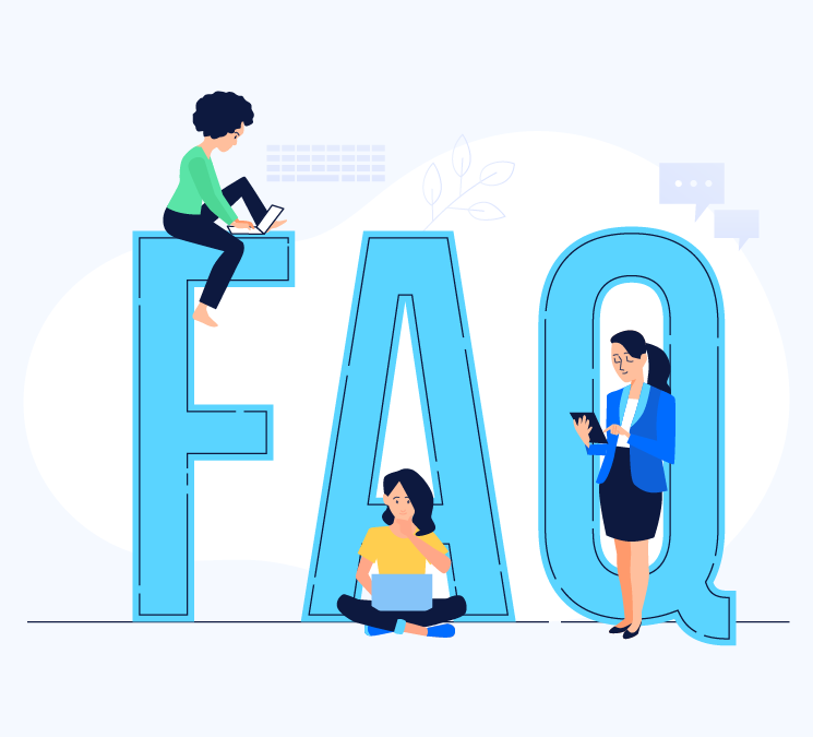 Two people sitting on the letters of the word faq
