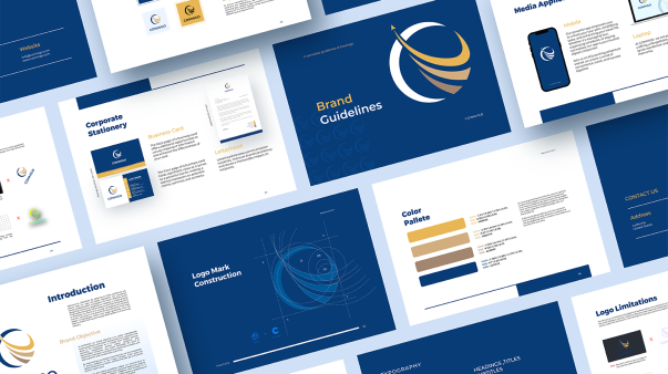 A bunch of blue and yellow visual style guides