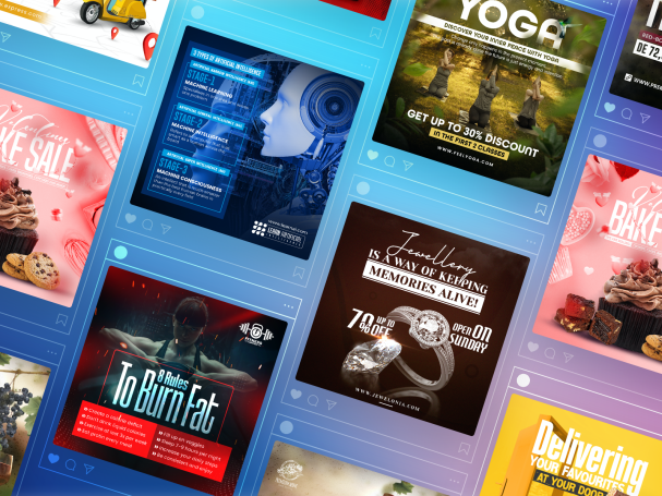 A series of post designs on a blue background