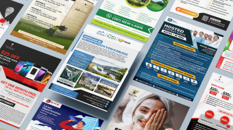 A series of brochures with a woman covering her face