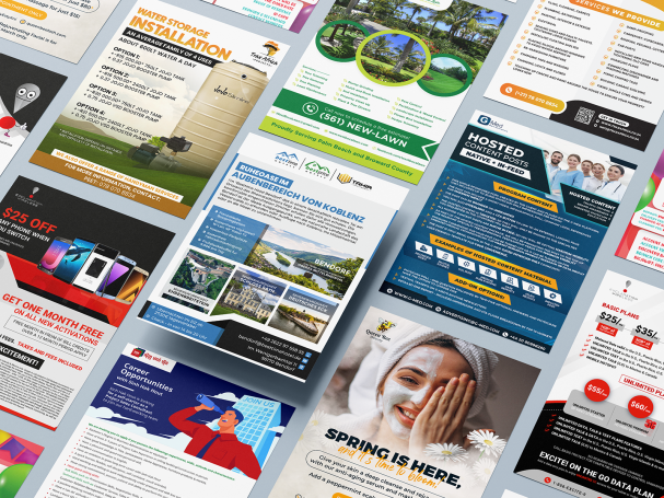 A series of brochures with a woman covering her face