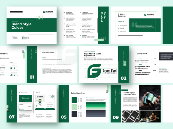 A bunch of green and white manual on a table