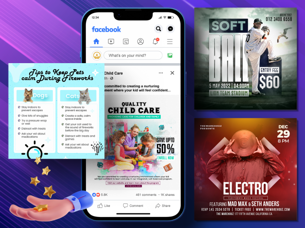 A person holding a cell phone next to a facebook ad