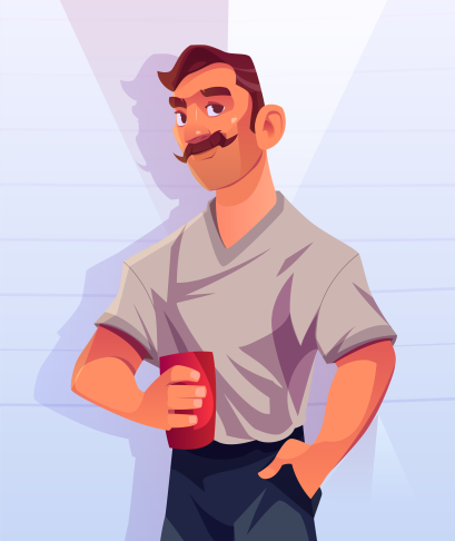 A man with a moustache holding a cup of coffee